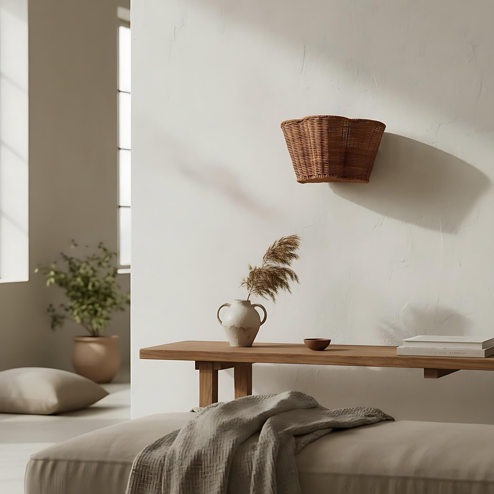 Wickara geweven wandlamp - Wandlamp met geschulpte mandvormige kap voor de slaapkamer HL1854