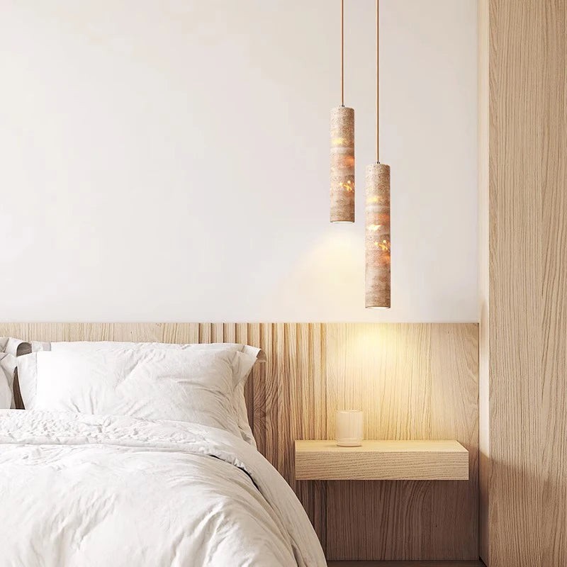 Hanglamp met crèmekleurige travertin buisvormige kap HL3465
