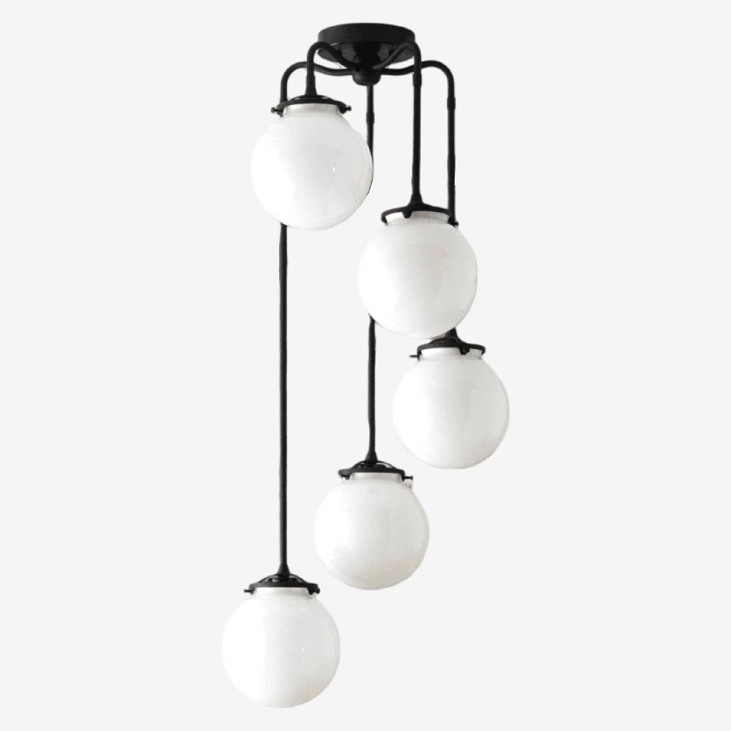 Glorica Glazen Kroonluchter met 5 Bolvormige Lampen - Vintage Hanglamp van Messing en Opaalglas HL1681