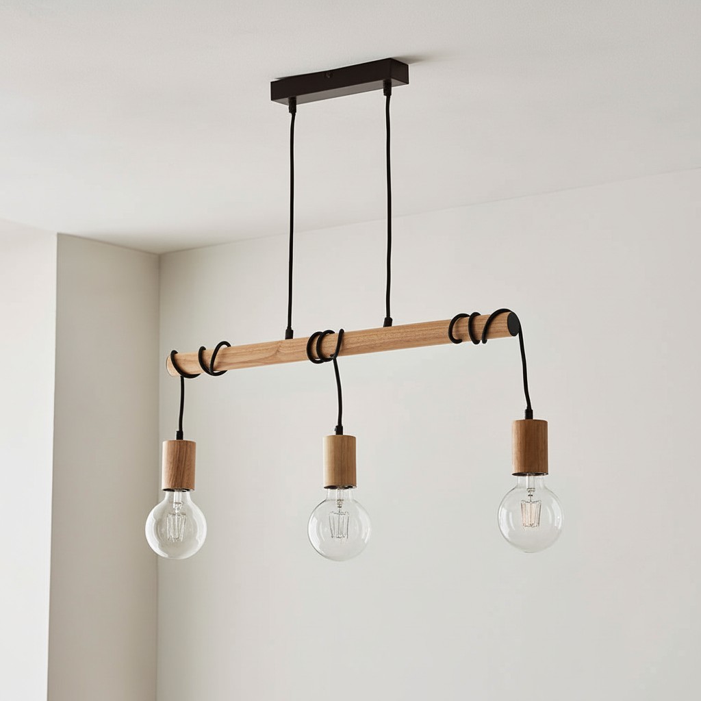 Virell Verstelbare Lineaire Plafondlamp - 3-Lampen Houten en Metalen Design voor Keukeneiland of Kantoor HL2064