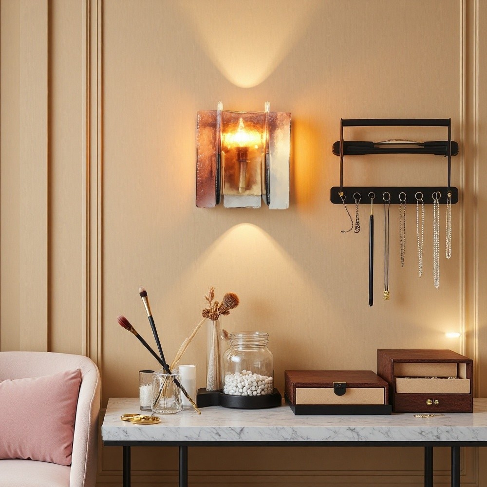 Amberkleurige glazen wandlamp - industriële metalen bedlamp HL1322