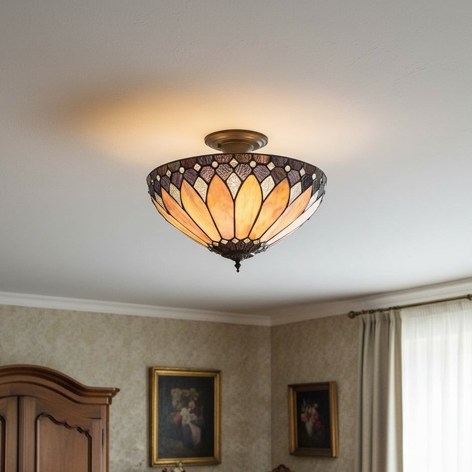 TF Brooklyn Tiffany plafondlamp met halfverzonken armatuur - Geometrische glazen kap voor gangen of woonkamers HL2243