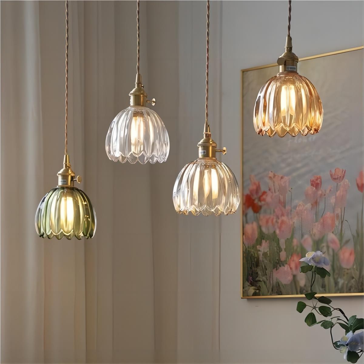 Retro koperen glazen bloemblaadjes hanglamp HL90