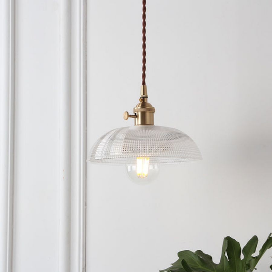 Vintage koperen geribbelde glazen hanglamp HL186