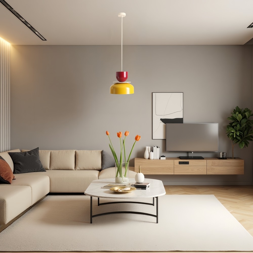 Hanglamp met metalen kom en kap - Houten Macri Kleurrijke Keukenlamp HL1068