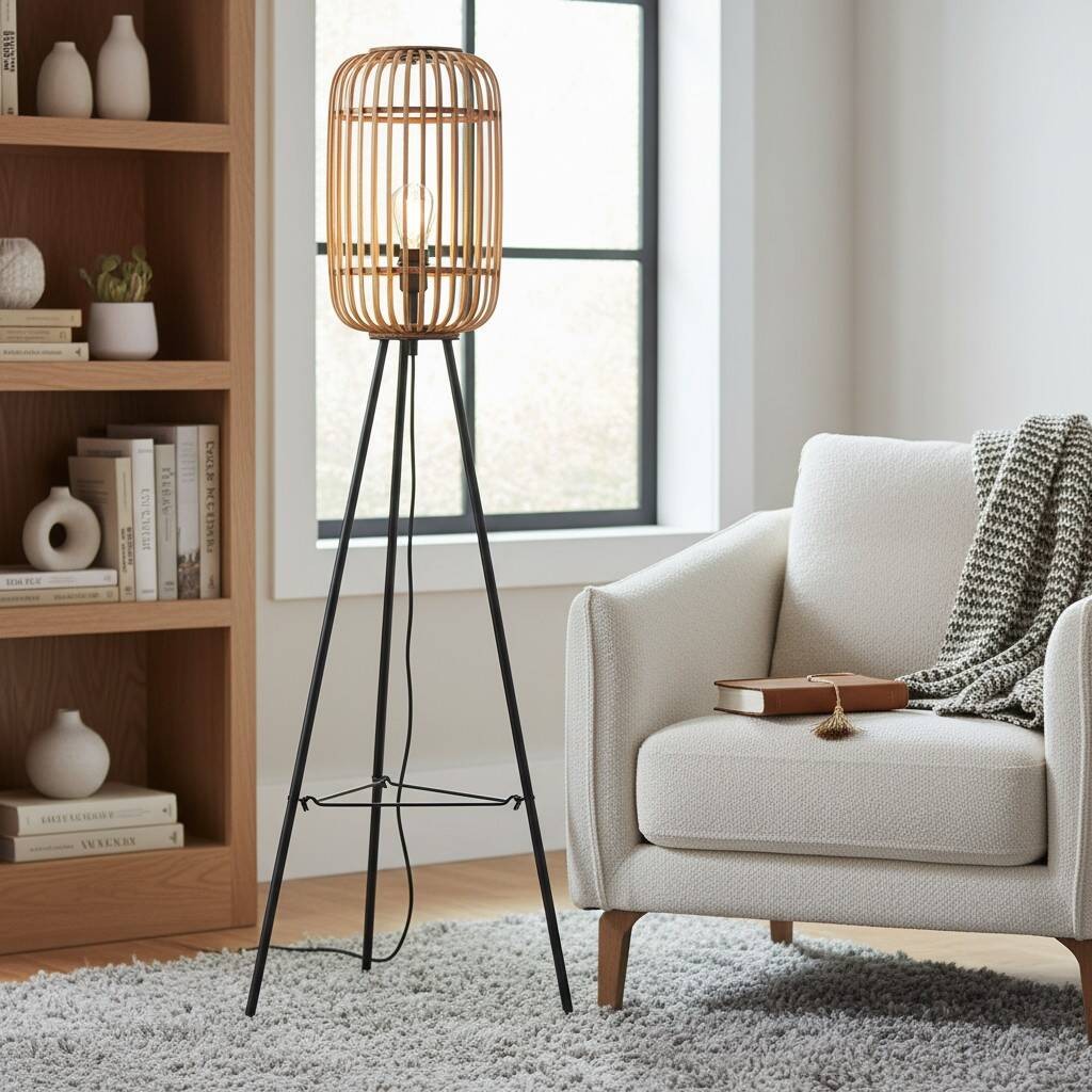 Yumeko Natural Woven Floor Lamp - Moderne Scandinavische staande lamp met bamboekap voor slaapkamers of woonkamers HL2167