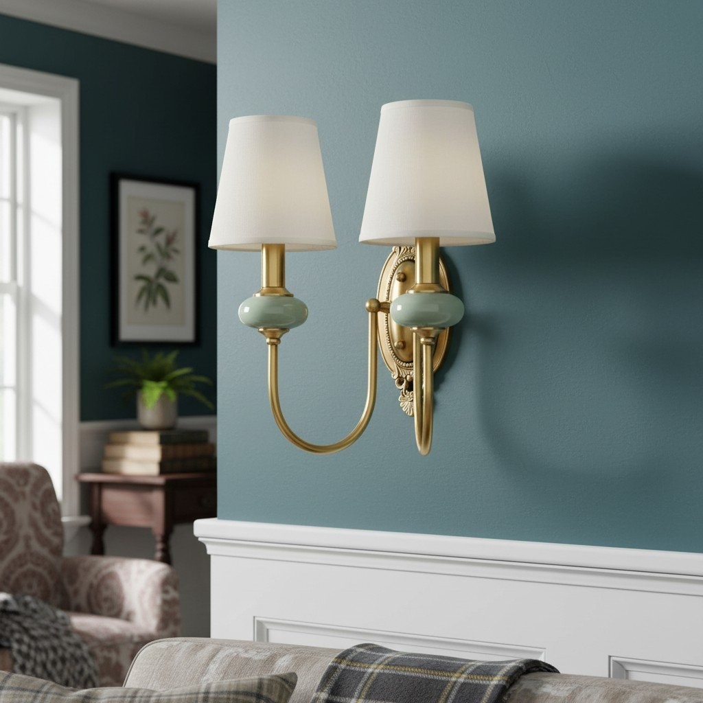 Rowanea keramische wandlamp met stoffen kap en metalen afwerking - Moderne halverlichting in landelijke stijl HL2409
