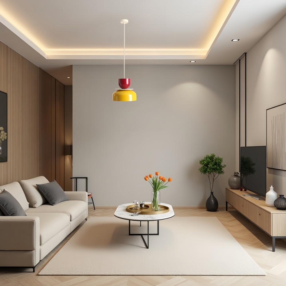 Hanglamp met metalen kom en kap - Houten Macri Kleurrijke Keukenlamp HL1068