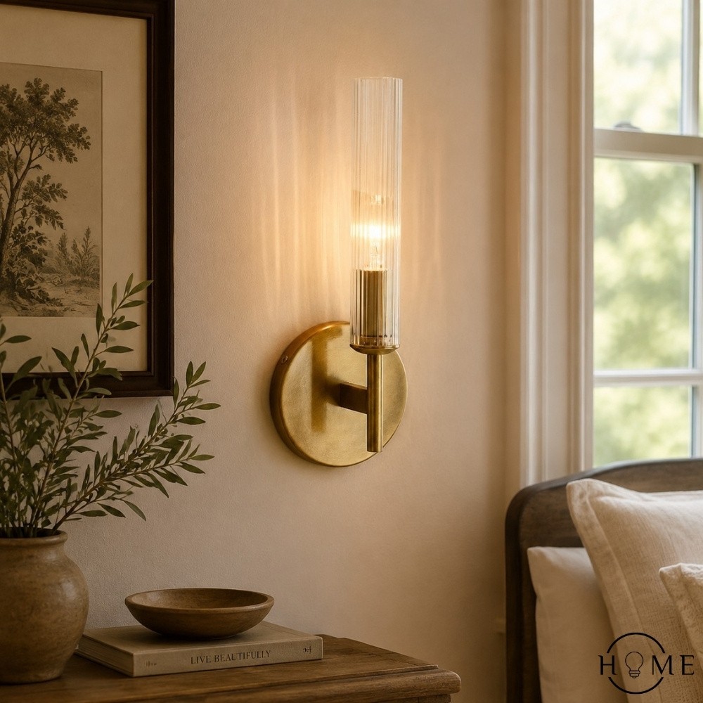Bravira geribbelde glazen wandlamp - buisvormige metalen lamp met klassieke afwerking HL1554