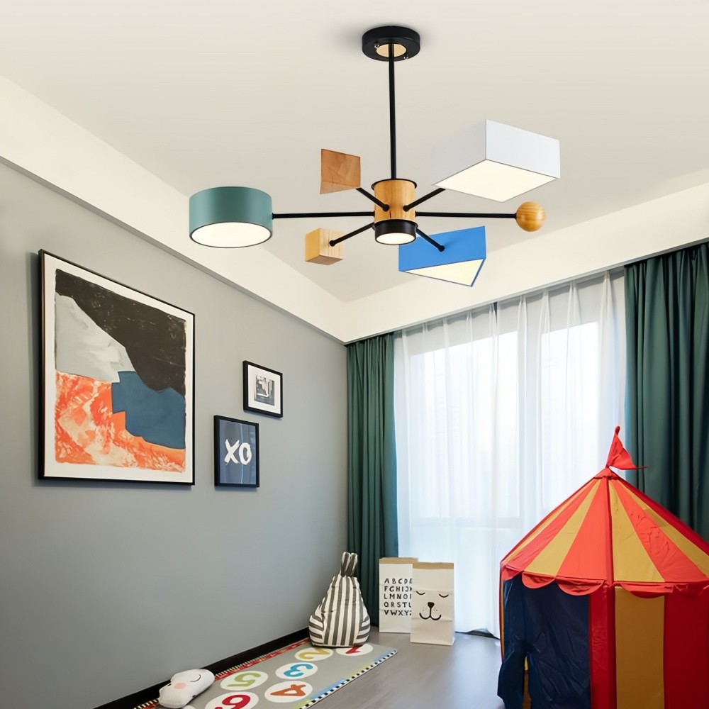 Kleurrijke houten kroonluchter met blokken - 4 takken voor de kinderkamer HL1354