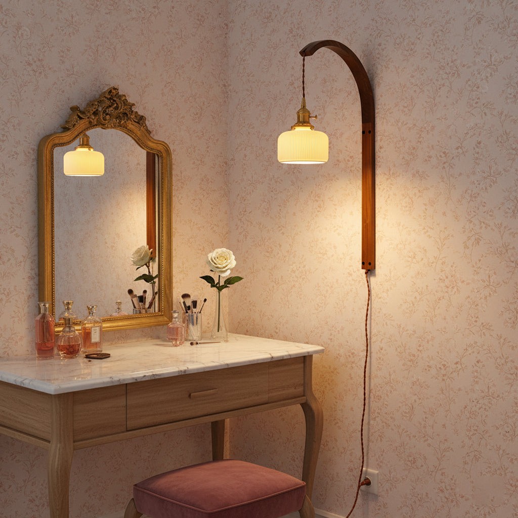 Gebogen walnootkleurige keramische wandlamp met stekker HL3051