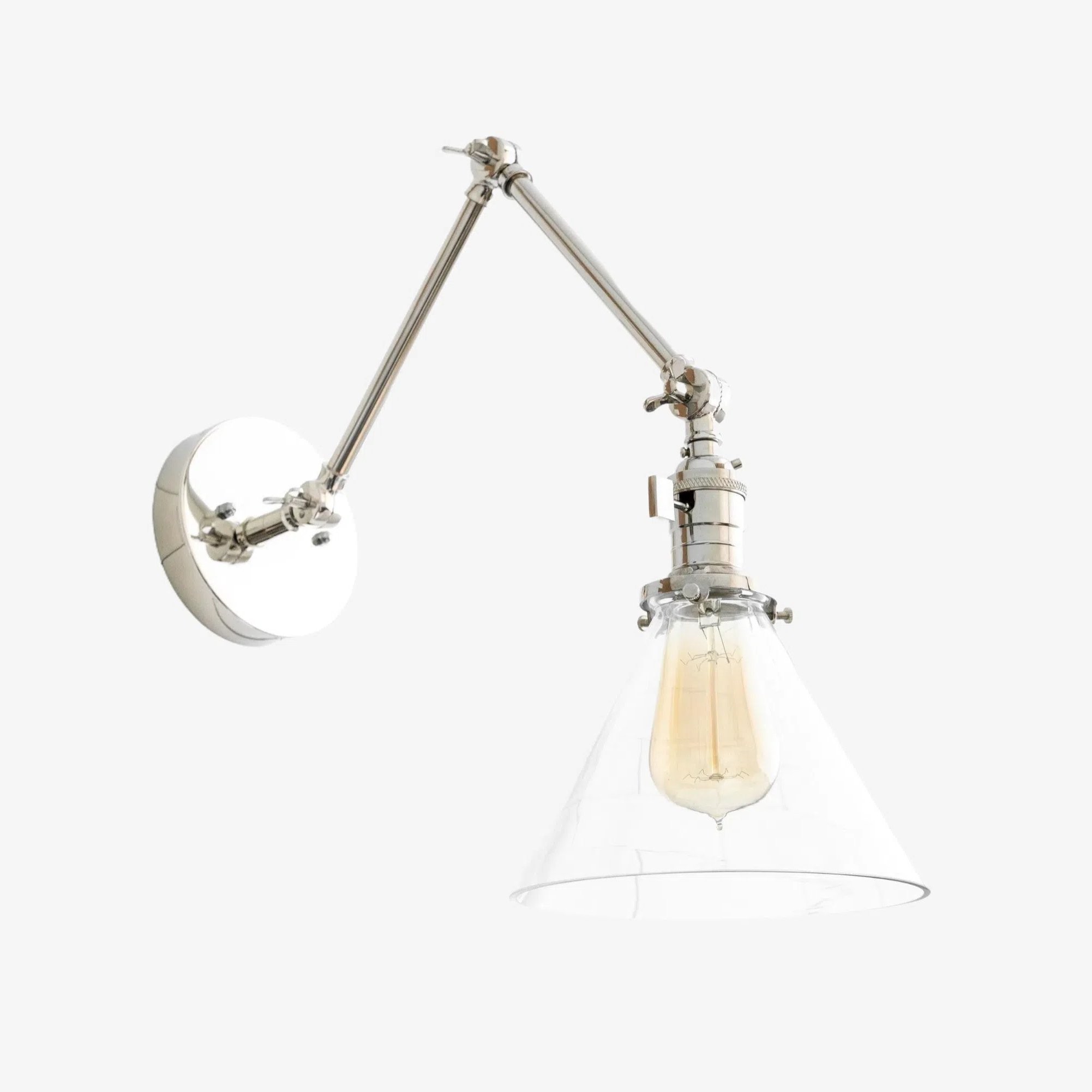 Conique metalen industriële wandlamp met verstelbare arm - vintage glazen kegelvormige kap HL1673