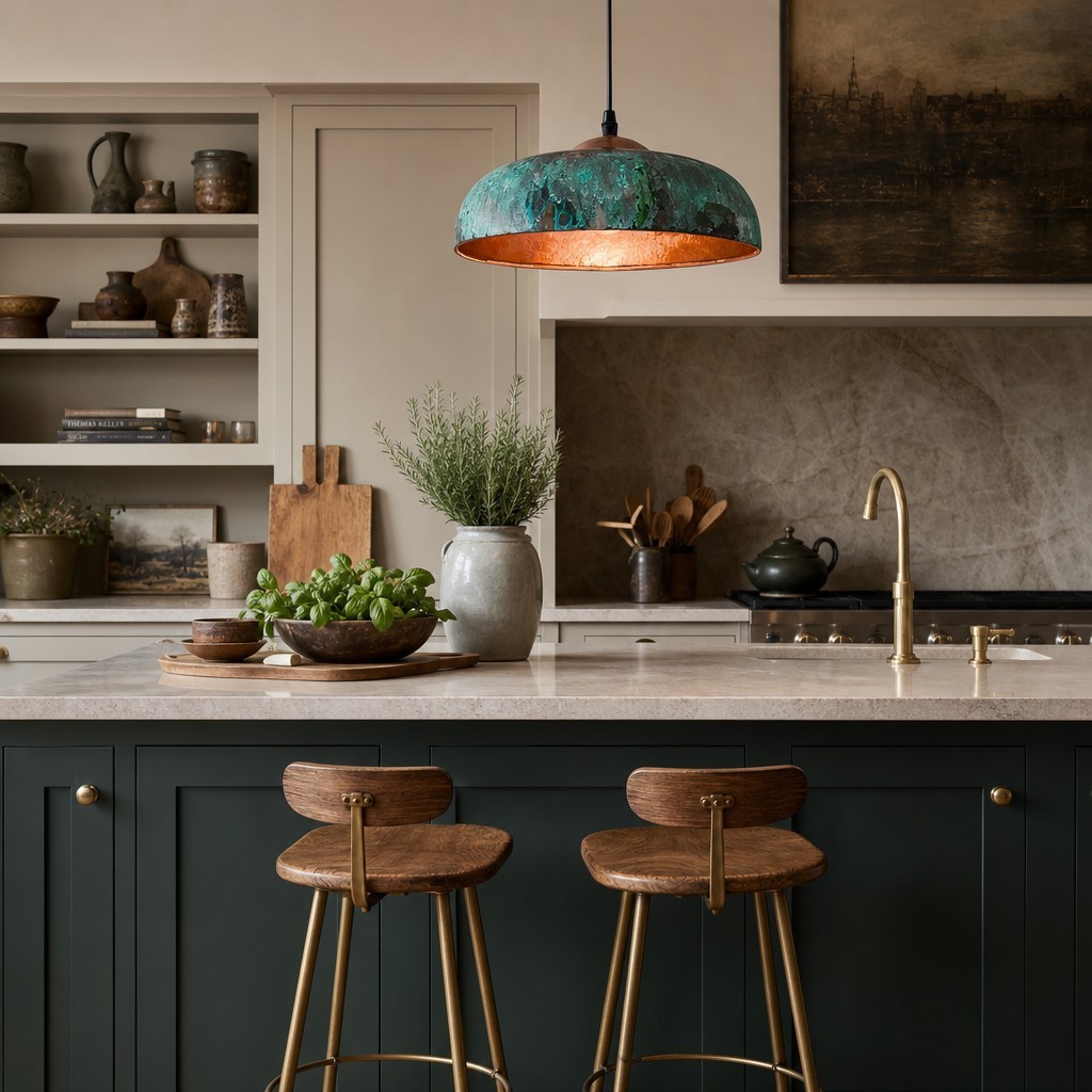 Aerugix Vintage hanglamp met gehamerde koperen koepel - natuurlijke metallic afwerking voor de eetkamer HL3580