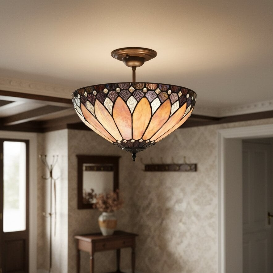 TF Brooklyn Tiffany plafondlamp met halfverzonken armatuur - Geometrische glazen kap voor gangen of woonkamers HL2243