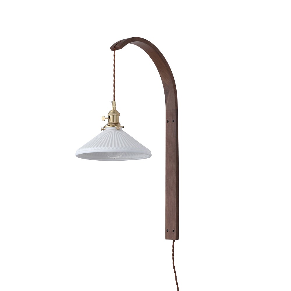 Gebogen walnootkleurige keramische wandlamp met stekker HL3051