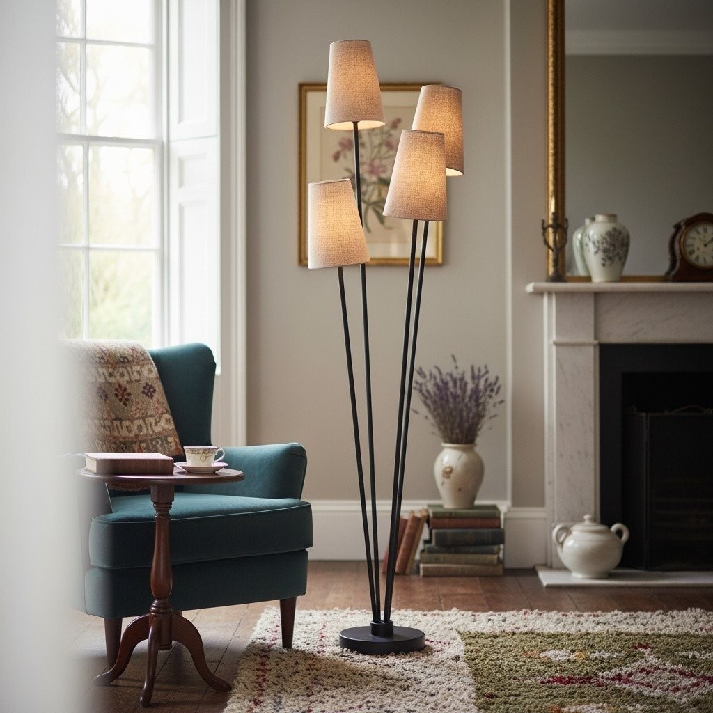 Duova vloerlamp met 4 lichtpunten - Vloerlamp met stoffen kap voor leeshoekjes of woonruimtes HL1898
