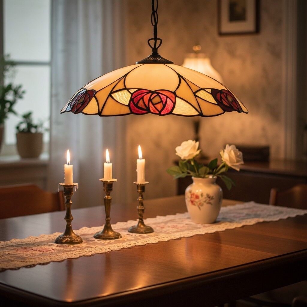 TF Ingram Tiffany hanglamp - Vintage handgemaakte lampenkap van gebrandschilderd glas met bloemenmotief voor de eetkamer HL2229