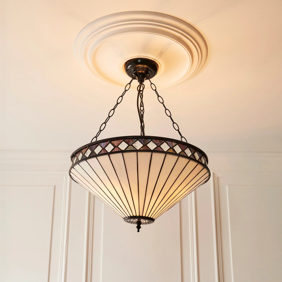 TF Fargo Verstelbare Hanglamp met Glas-in-lood-geïnspireerde omgekeerde kap voor kookeiland en eettafel HL2177