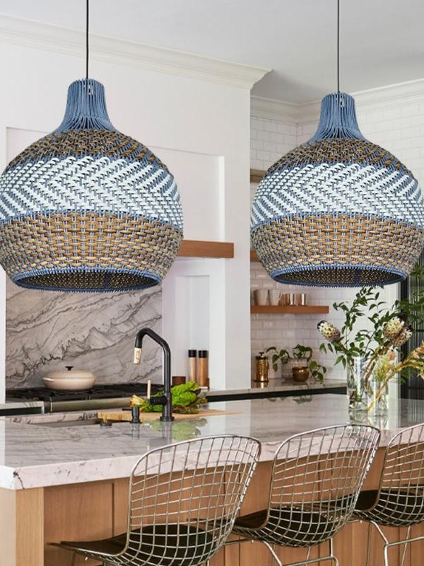 Handgeweven blauwe rotan hanglamp HL1399