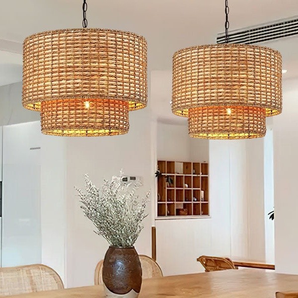 Natuurlijke rotan dubbele trommel hanglamp met zwarte kap HL1001