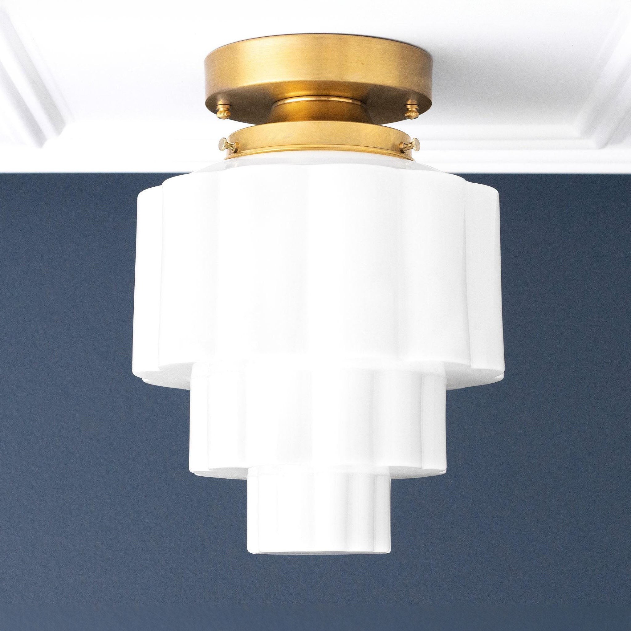 Geotower glazen plafondlamp van messing – Art Deco geribbelde bolvormige plafondlamp HL1726