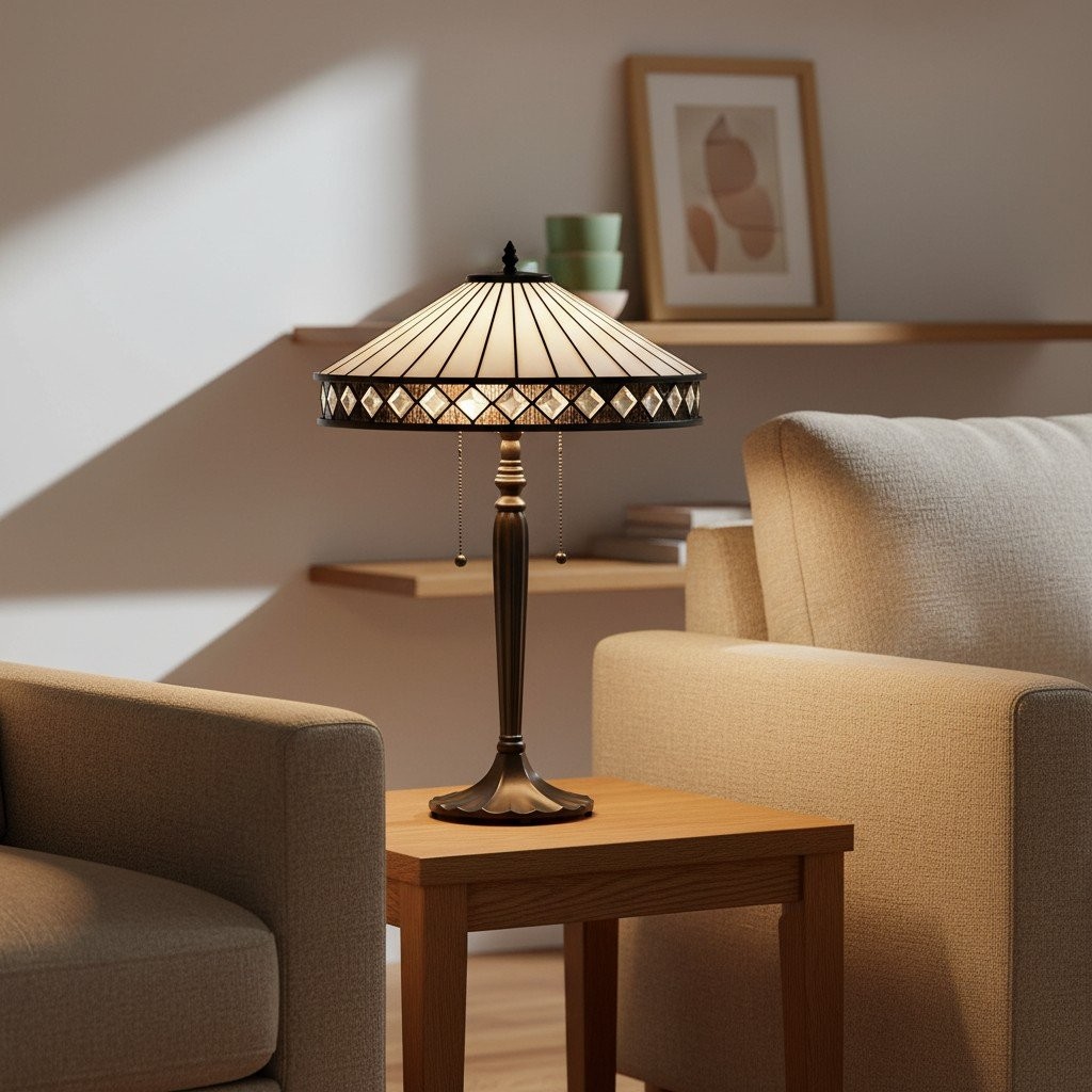 TF Fargo Geometrische Lamp in Tiffany-stijl - Amberkleurig en crèmekleurig glas, accentverlichting voor slaapkamer of