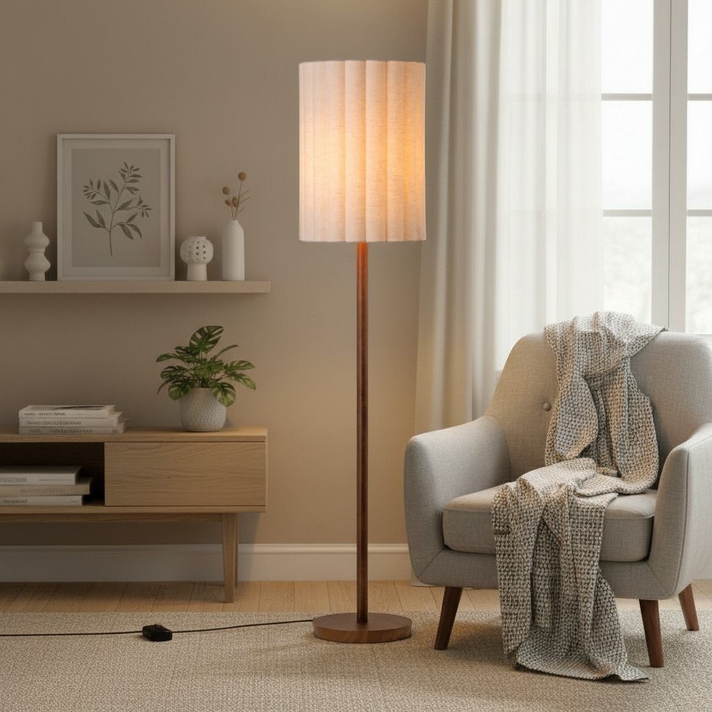 Linbron vloerlamp van walnoothout met geribbelde linnen kap - Moderne natuurlijke woondecoratie HL1915