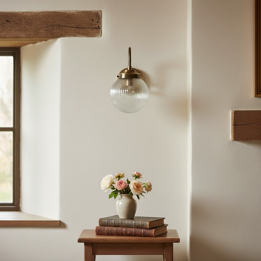 Glorica glazen wandlamp van verouderd messing - geribbelde glazen kap industriële stijl verlichting HL1772