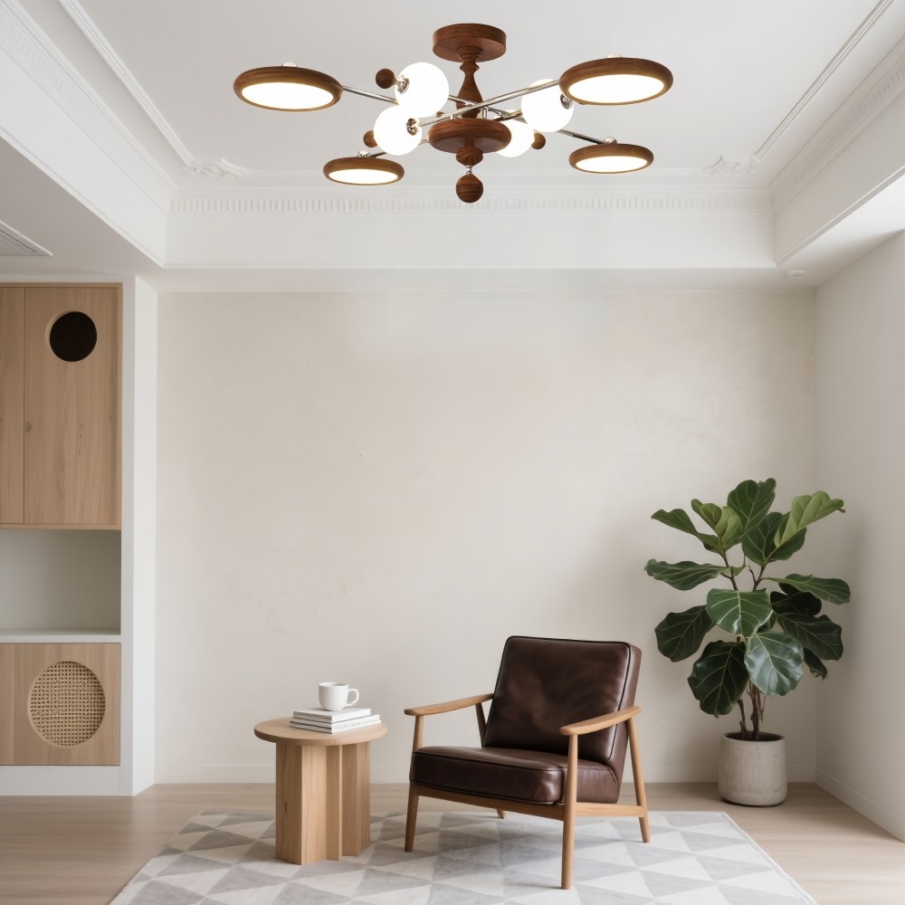 Walnoot Sputnik Plafondlamp - Retro Vertakte Lamp voor Slaapkamer HL1325