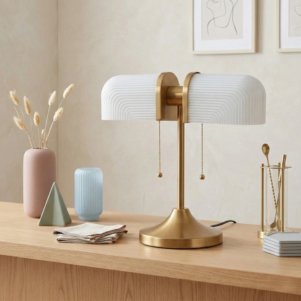 Aurebron Tafellamp met geribbeld glas - Moderne decoratieve tafellamp met metalen voet voor de woonkamer HL2486