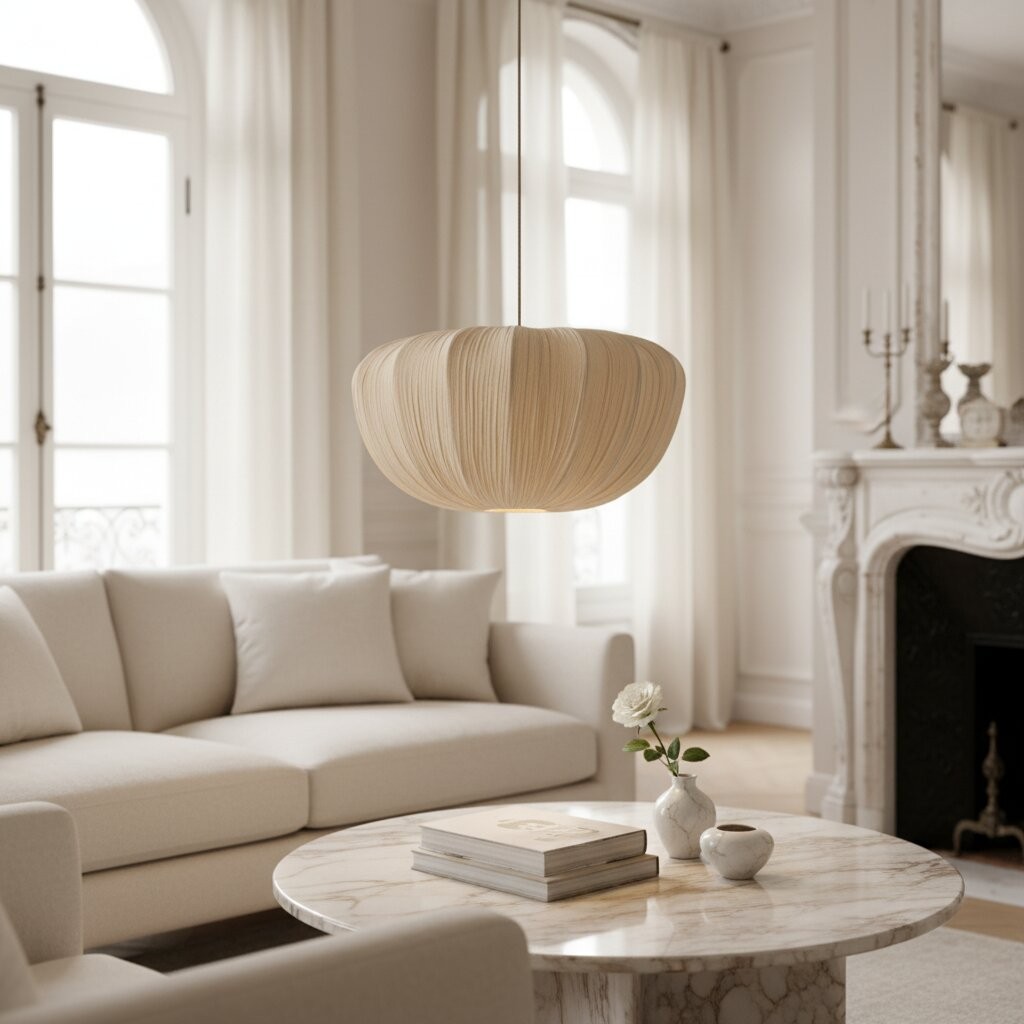 Linbron hanglamp – Moderne lamp met zachte linnen kap en gebogen frame voor de eetkamer HL2282