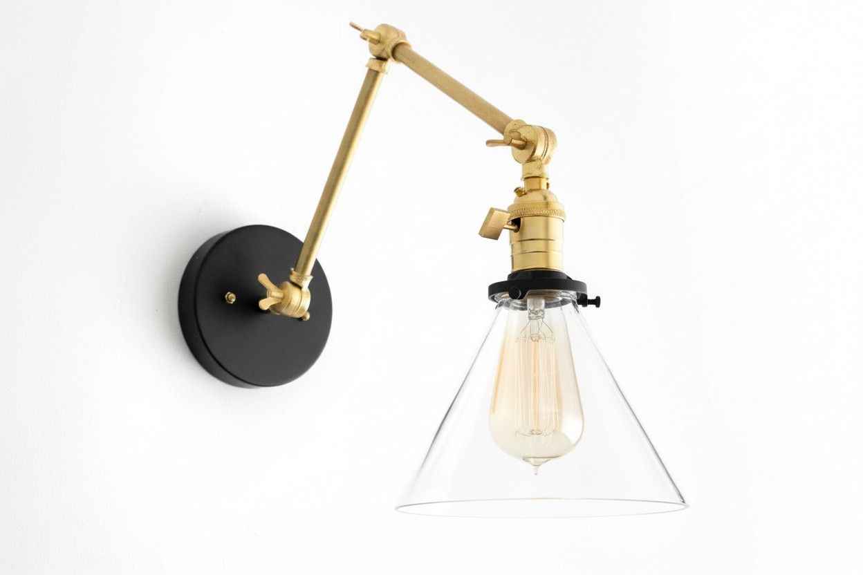 Conique metalen industriële wandlamp met verstelbare arm - vintage glazen kegelvormige kap HL1673