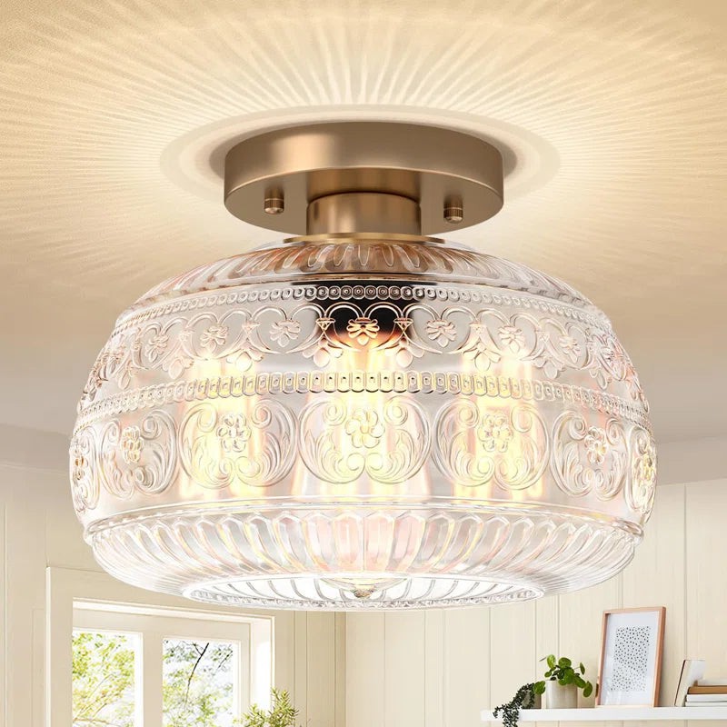Flora Gegraveerd Patroon Glazen Semi-Inbouw Plafondlamp HL978