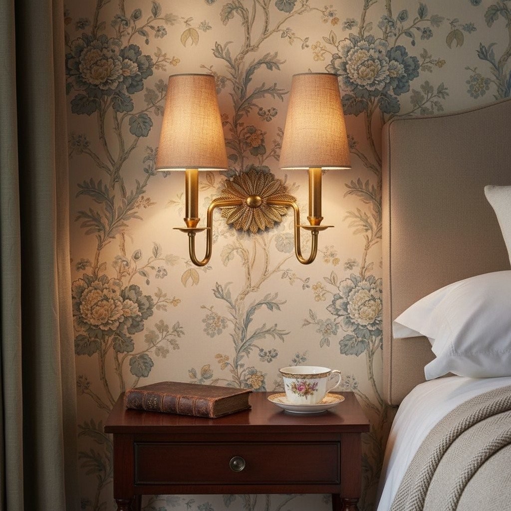 Duova dubbele wandlamp - Antiek messing metaal en linnen kappen voor slaapkamer of studeerkamer HL1896