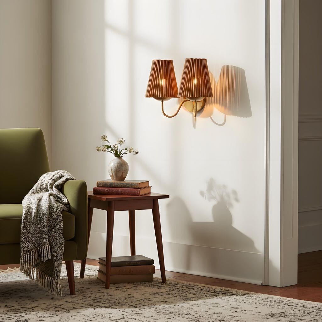 Zhoove bamboe wandlamp - geplooide natuurlijke kap voor woonkamer of slaapkamer HL1919