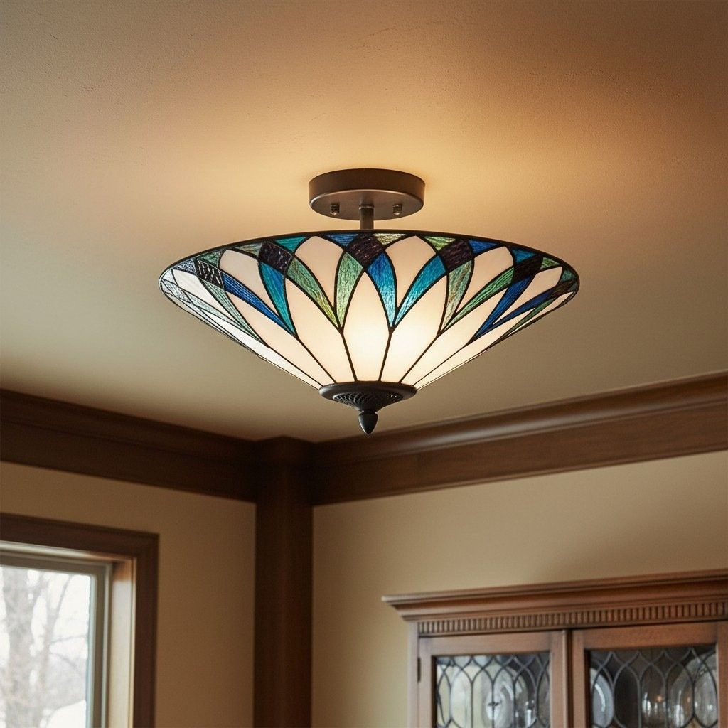 TF Allanton Tiffany plafondlamp met halfverzonken kap - kap met art nouveau-patroon voor woon- of eetkamer HL2204