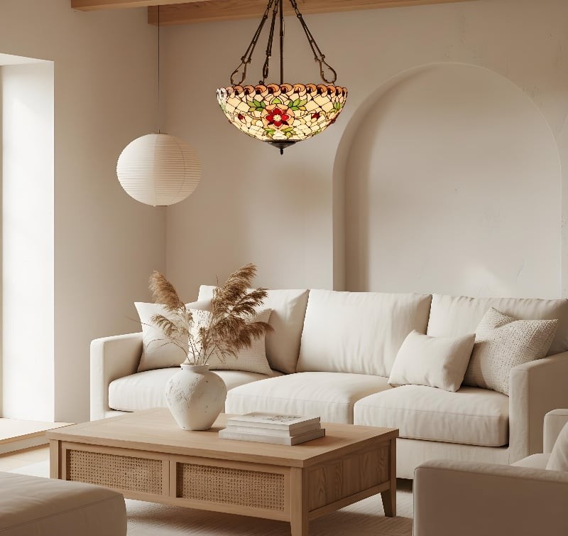 TF Dragonfly Beige Tiffany Hanglamp - Elegant armatuur van gebrandschilderd glas voor eetkamer en slaapkamer HL2068