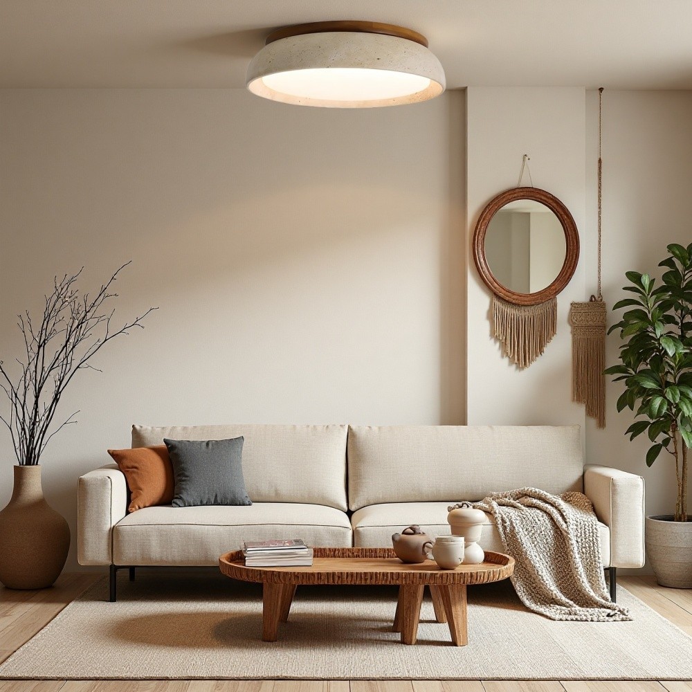 Ronde Travertijn Plafondlamp - Moderne Houten Lamp voor Eetkamer HL1297