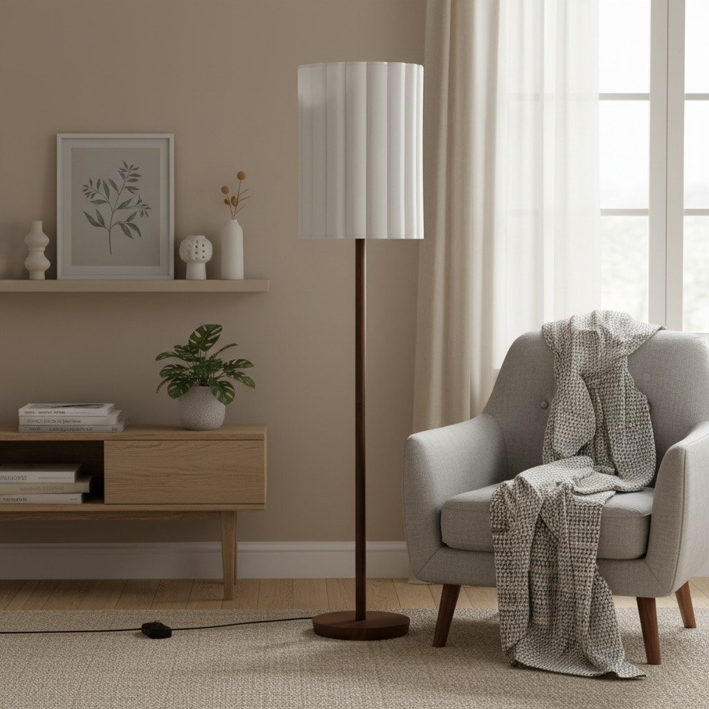 Linbron vloerlamp van walnoothout met geribbelde linnen kap - Moderne natuurlijke woondecoratie HL1915