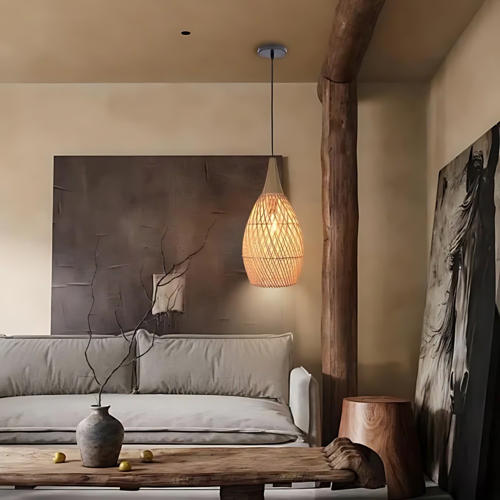 Handgemaakte hanglamp van rotan met wandtapijtmotief HL3392