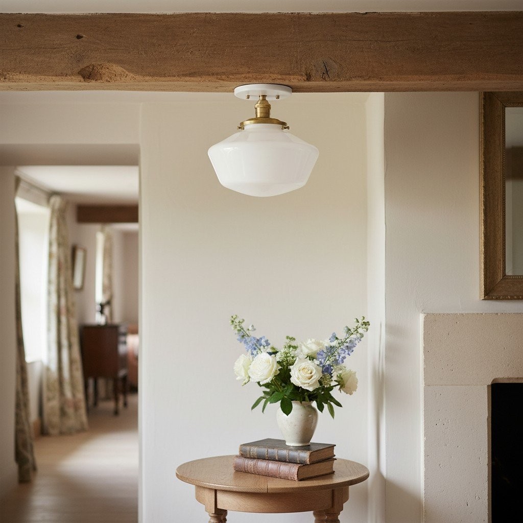 Geotower glazen plafondlamp van messing - opaal glazen schoolhuiskap - moderne elegantie HL1732