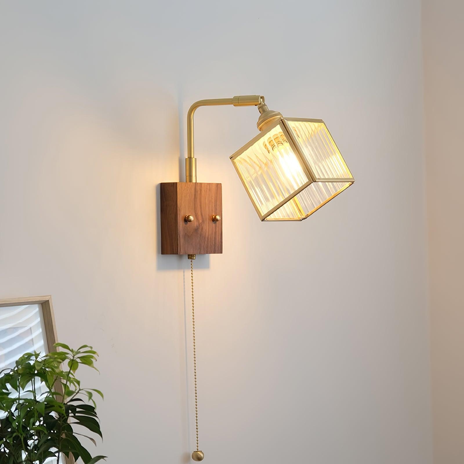 Vierkante glazen verstelbare houten wandlamp HL671