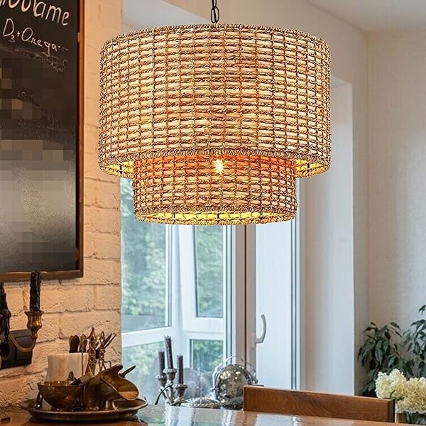 Natuurlijke rotan dubbele trommel hanglamp met zwarte kap HL1001