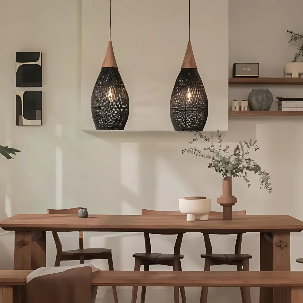 Handgemaakte hanglamp van rotan met wandtapijtmotief HL3392
