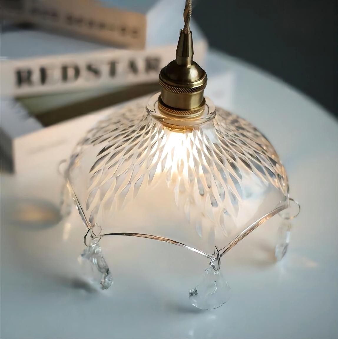 Vintage helder geribbeld glas paraplu hanglamp HL49