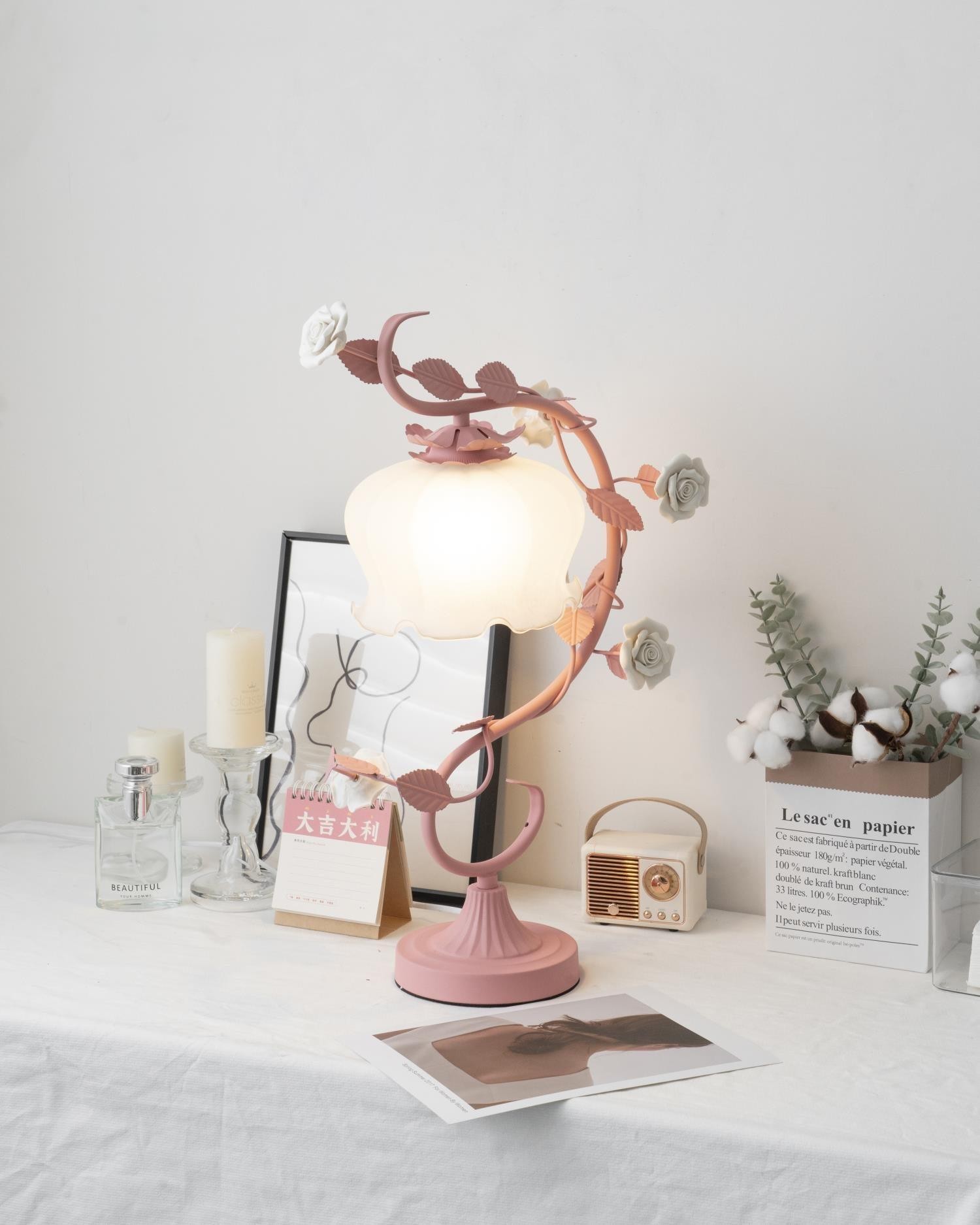 Groen Roze Wit Rozen Bloem Tafellamp HL767