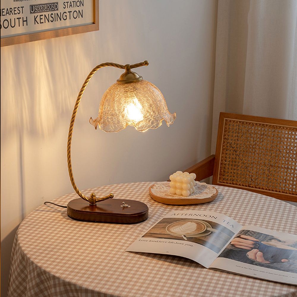 Mid Century Vintage Messing Glazen Bloem Tafellamp HL26