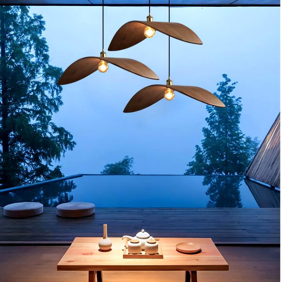 Curve houten hanglamp met vliegend blad HL132