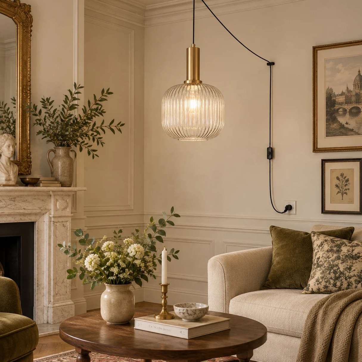 Retro ribbed glass plug-in pendant light in a home interior