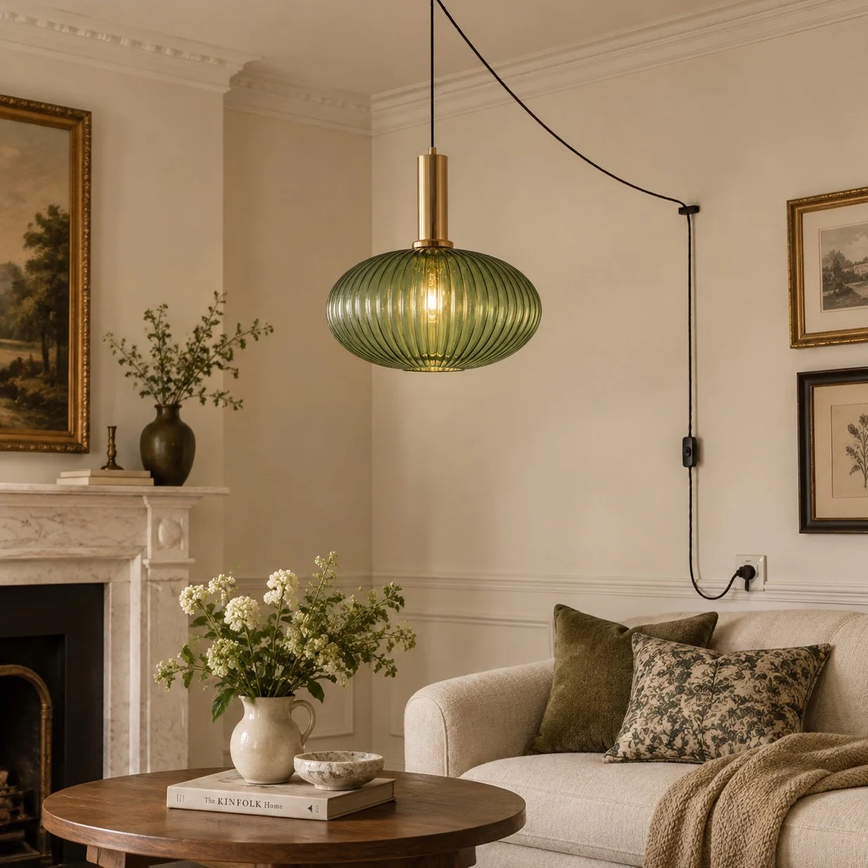 Retro ribbed glass plug-in pendant light in a home interior
